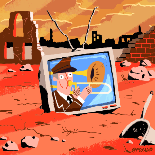 Apocalyptic scene with TV screen in rubble and man playing trombone
