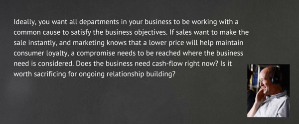 A compromise needs to be reached between sales' drive to SELL, and marketing's drive to maintain loyalty. Focusing on your business objective can help to reach this compromise.