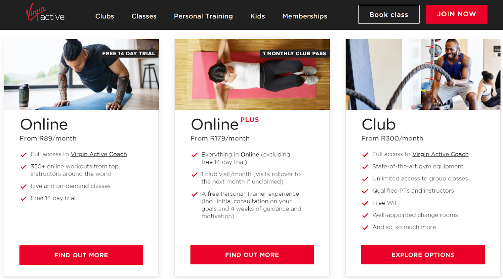 Screenshot of Virgin Active's new packages during COVID-19